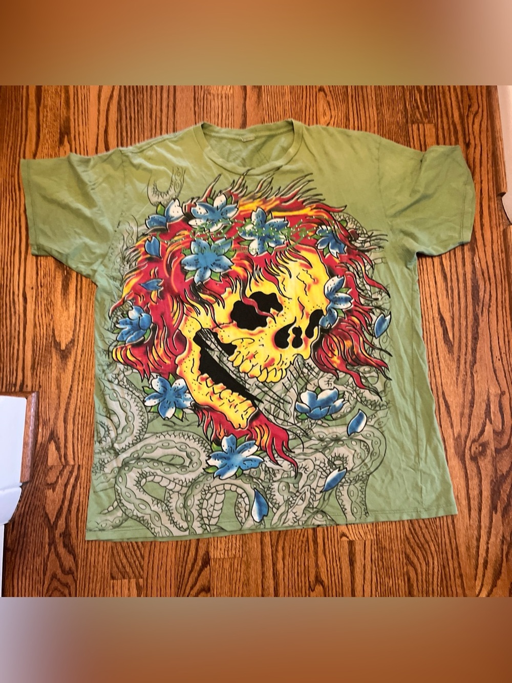 ed hardy by christian audigier Vintage Authentic shirt green Skull gemstone AOP